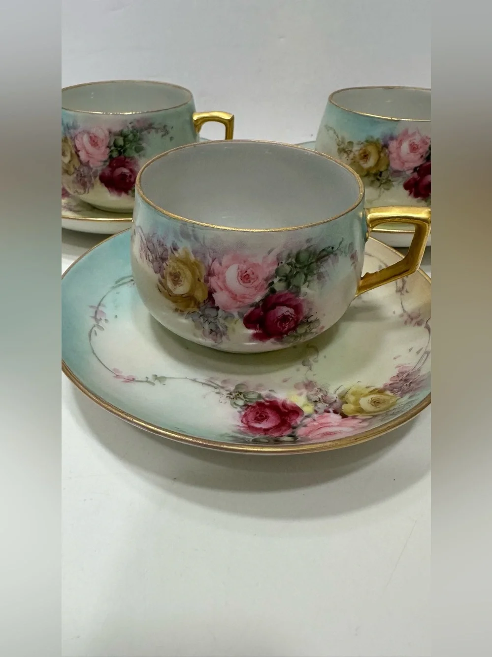 Lot Of 3 Unmarked Bavarian Style Hand Painted Porcelain Tea Cup Set Aqua Blue